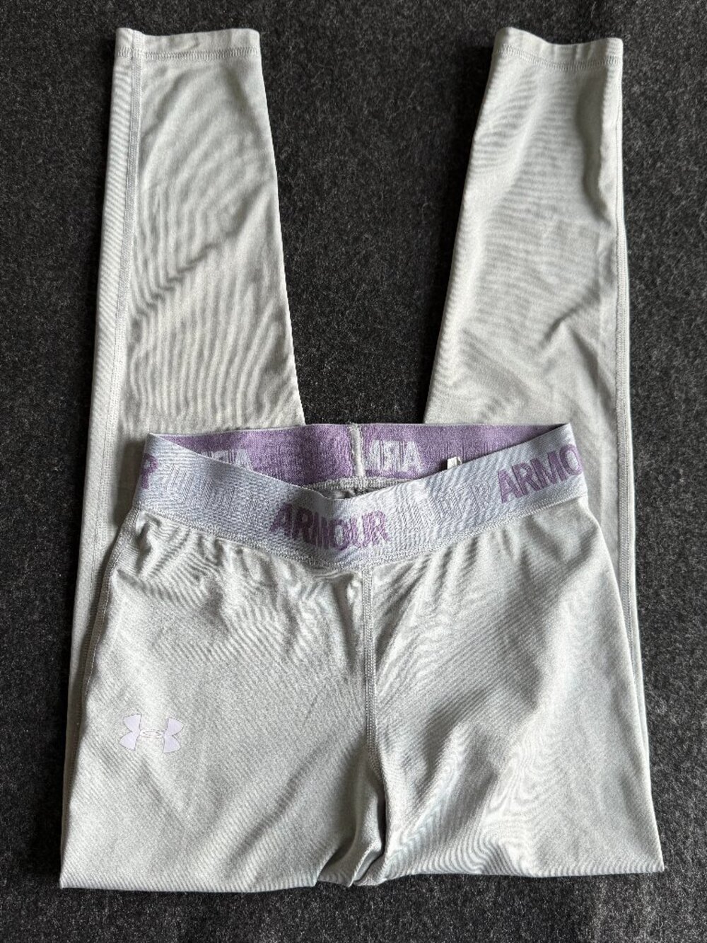 Under Armour Girls Large Gray Purple Athletic Leggings Logo Waistband
